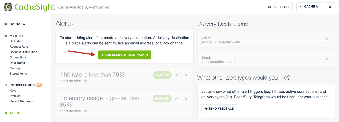 Screenshot of the CacheSight alerts view, with 'add delivery destination' button