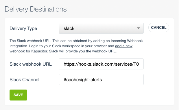 Screenshot of the CacheSight alerts view, adding a Slack delivery destination