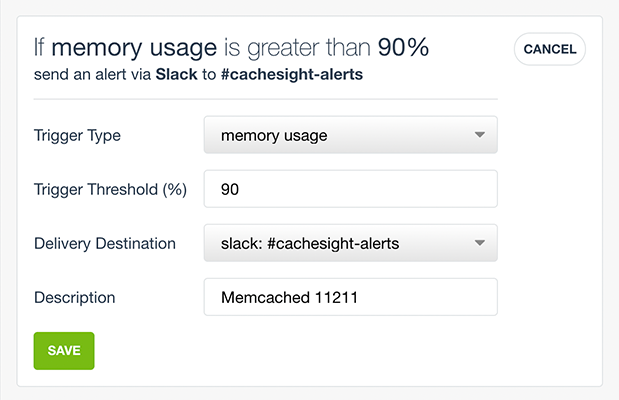Screenshot of the CacheSight alerts view, adding an memory usage alert