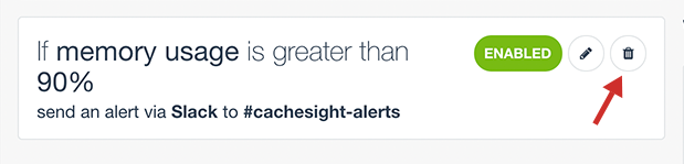 Screenshot of the CacheSight alerts view, deleting an alert