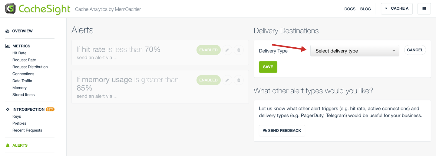 Screenshot of the CacheSight alerts view, with a form for adding a delivery type