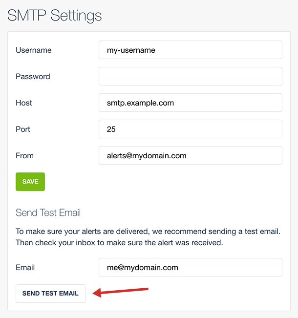 Screenshot of the CacheSight SMTP settings view, showing the 'send test email' feature