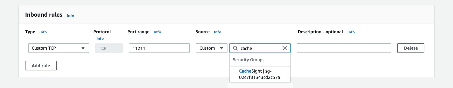 Screenshot of an EC2 console showing how to add a security group inbound rule