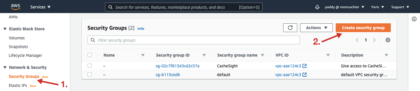 Screenshot of an EC2 console showing how to create a security group