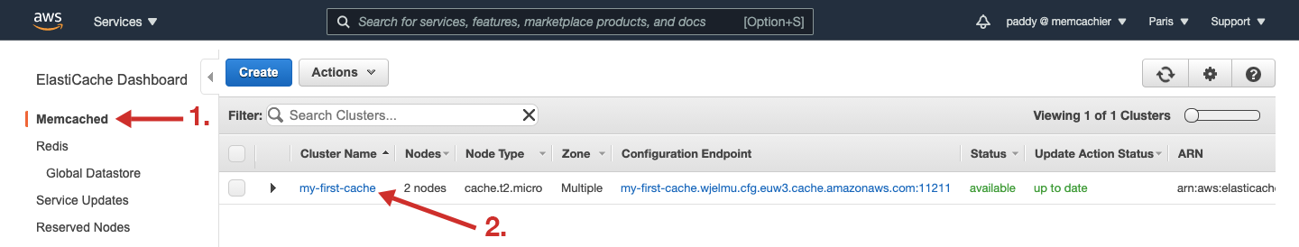 Screenshot of an ElastiCache console showing how to identify a memcached cluster