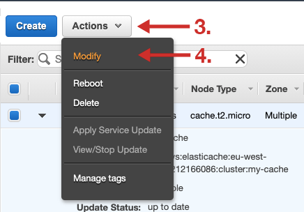 Screenshot of an ElastiCache console showing how to modify a memcached cluster