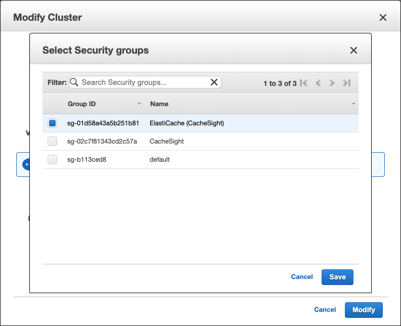 Screenshot of an ElastiCache console showing how to save a memcached cluster security group