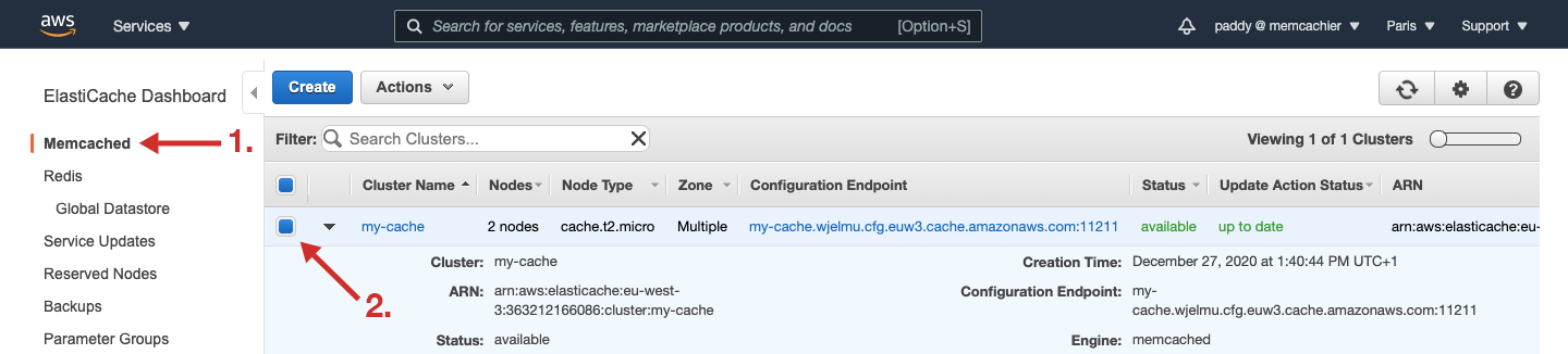 Screenshot of an ElastiCache console showing how to select a memcached cluster