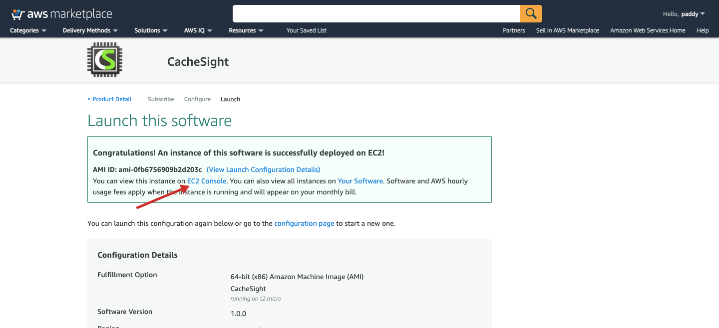 Screenshot of the CacheSight AWS Marketplace listing after launching