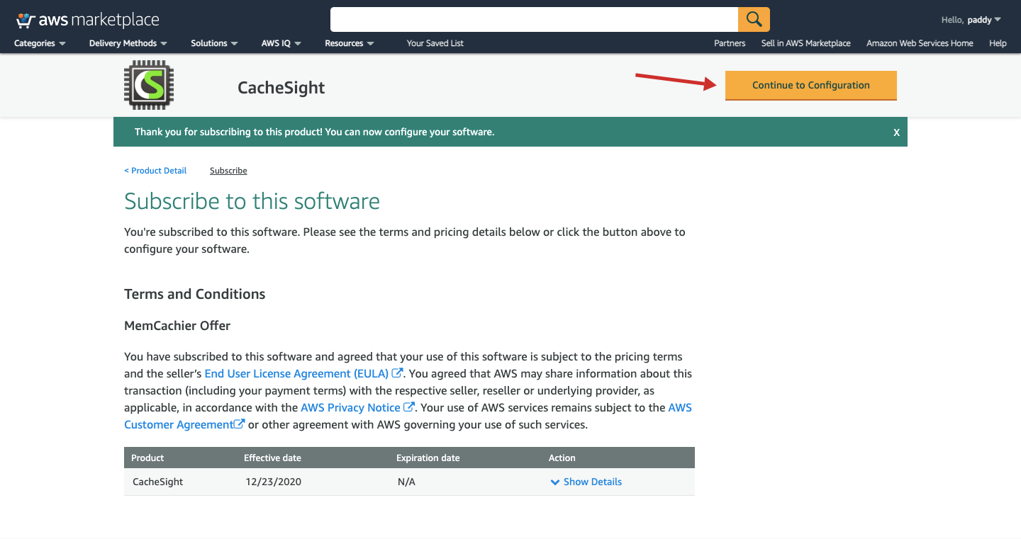 Screenshot of the CacheSight AWS Marketplace listing terms accepted