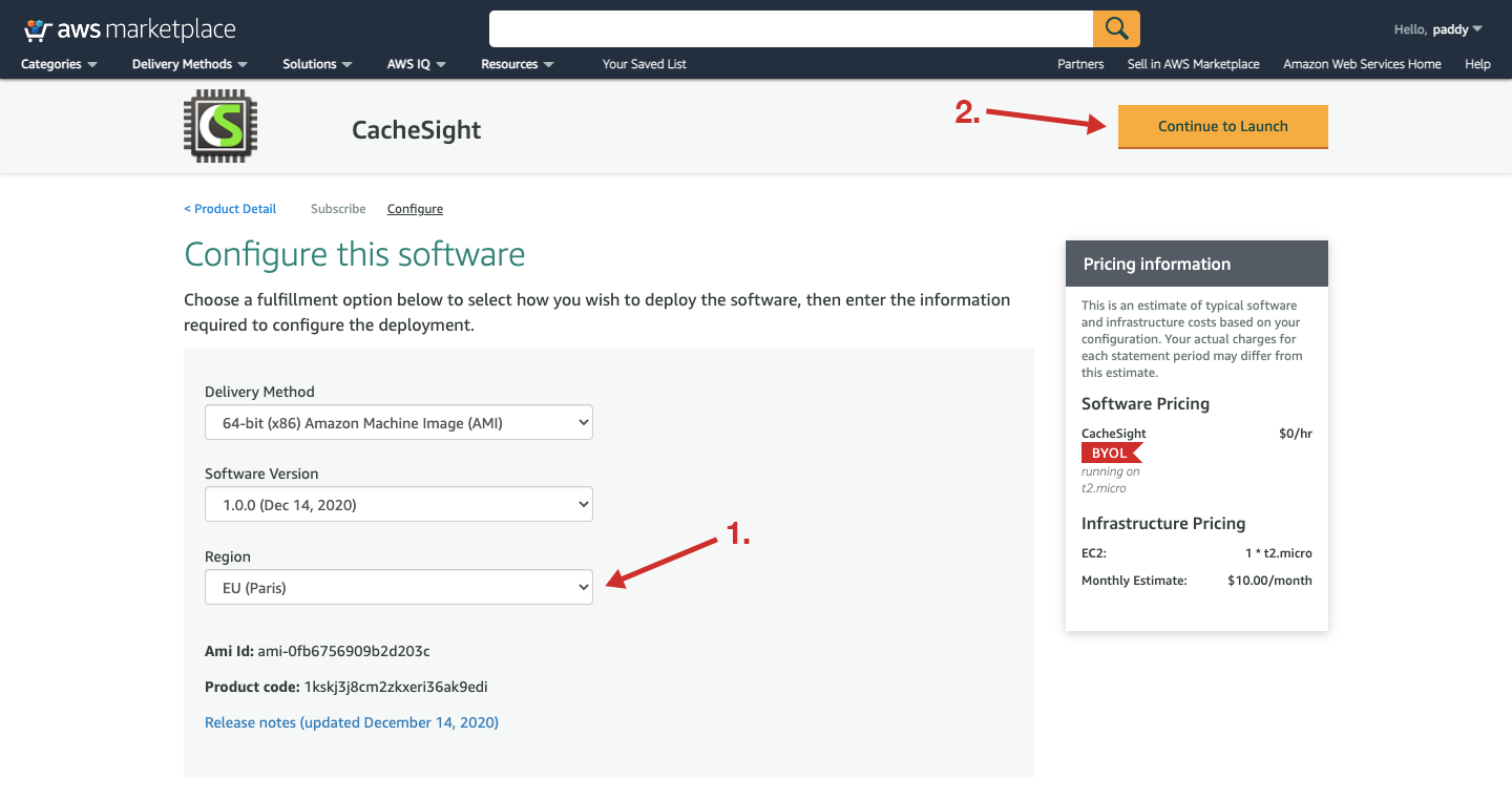 Screenshot of the CacheSight AWS Marketplace listing configuration