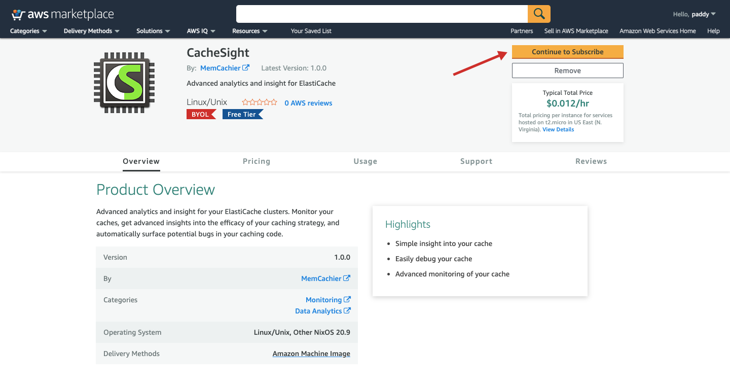 Screenshot of the CacheSight AWS Marketplace listing