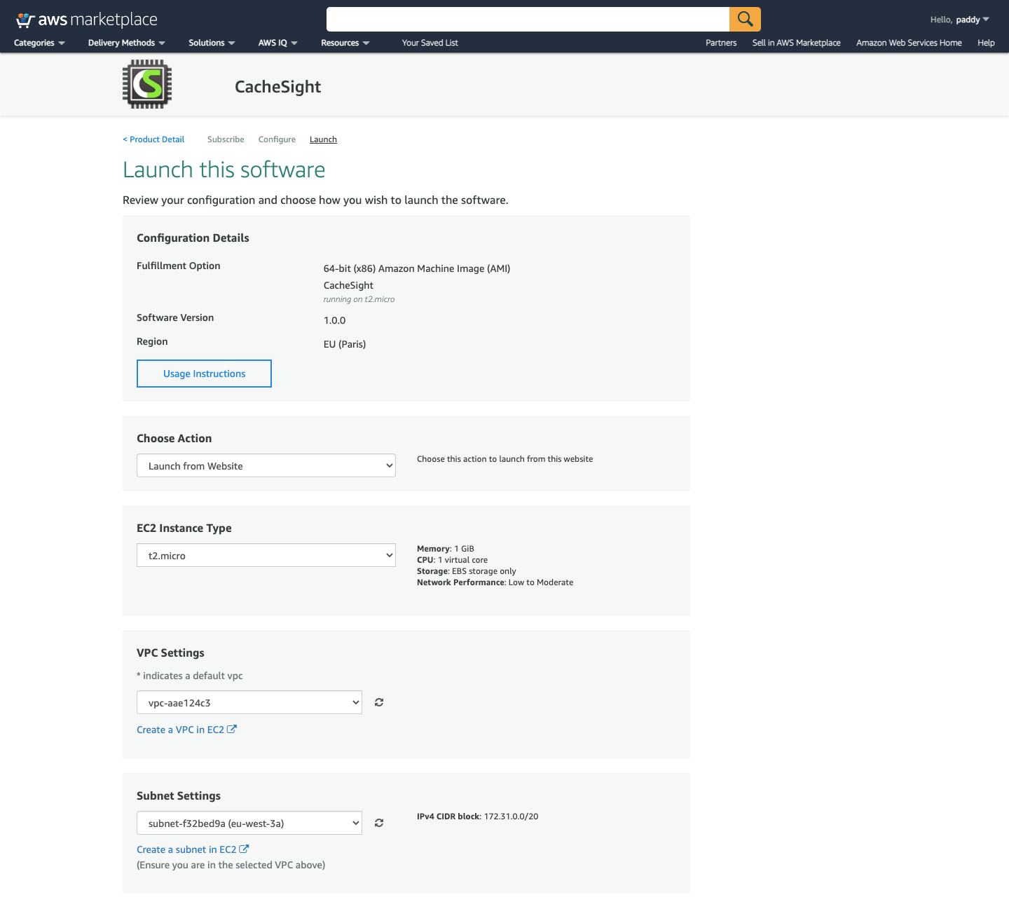 Screenshot of the CacheSight AWS Marketplace listing launch configuration