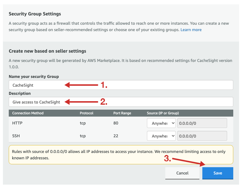 Screenshot of the CacheSight AWS Marketplace listing security group settings