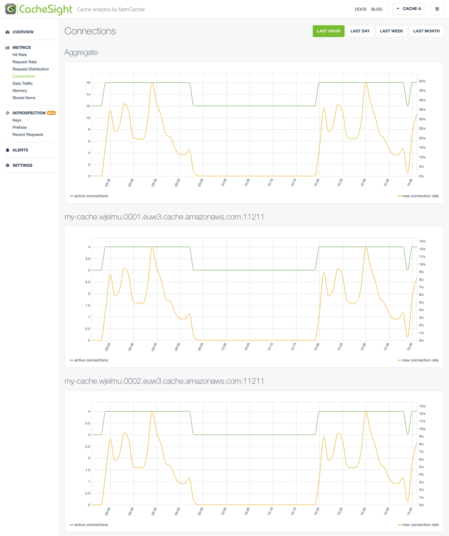Screenshot of the CacheSight metrics per server connections view